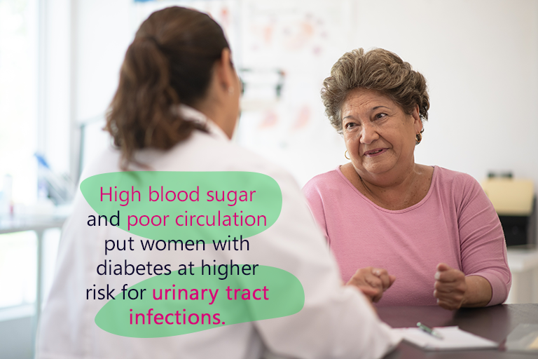 A women sits at a desk talking with her docter. High blood sugar and poor circulation put women at higher risk for urinary tract infections.