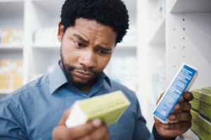 A man looks confused reading the drug information on packages