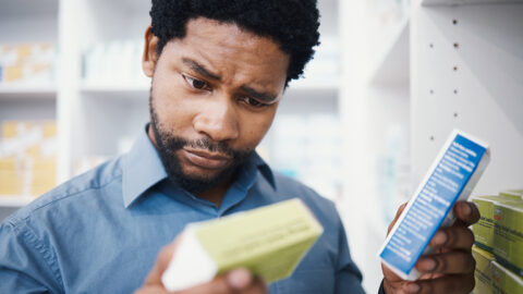 A man looks confused reading the drug information on packages