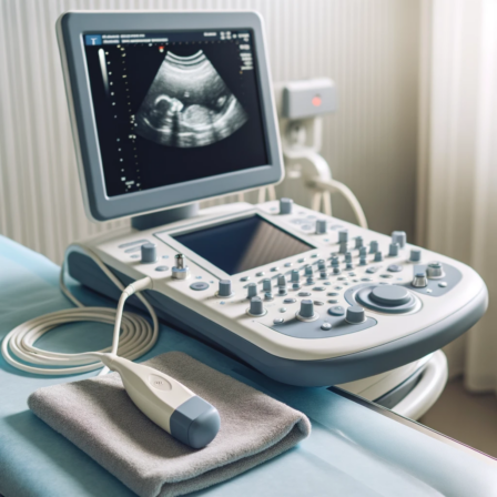 dall·e 2023 11 02 22.56.16 photo of a medical ultrasound machine with a longer transrectal probe suitable for prostate exams placed on a sanitized table in a clinical setting