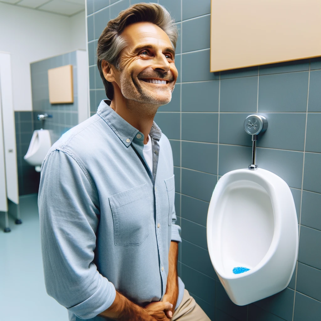 2023 11 03 00.12.34 photo of a middle aged man smiling with relief as he stands at a urinal, symbolizing successful urination after prostate surgery, in a clean and well