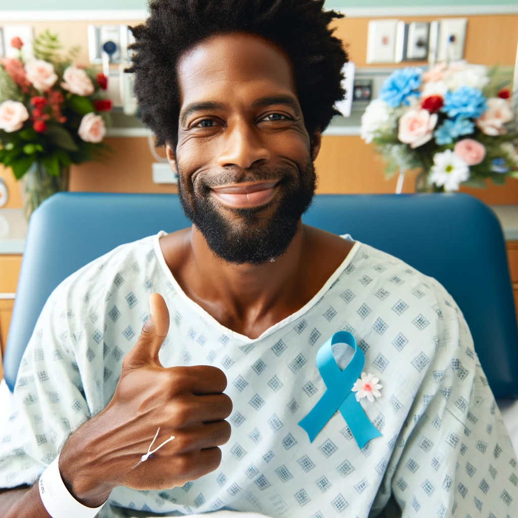 2023 11 03 00.24.20 photo of a middle aged jamaican man with dark skin, smiling and wearing a small prostate cancer awareness pin on his hospital gown, sitting in a brigh