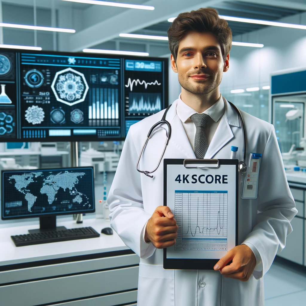 2023 11 03 00.30.50 photo of a medical professional in a lab coat, with a clipboard that has '4kscore test' printed at the top, standing in front of a modern laboratory e